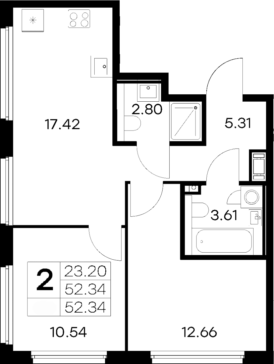 2-комнатная квартира 52.34 м², 10/18 эт., ЖК «Glorax City Василеостровский»